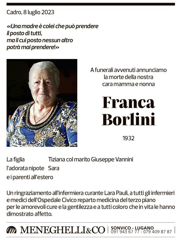 Annuncio funebre Franca Borlini