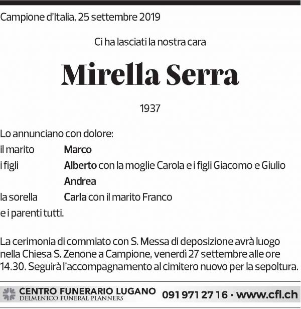Annuncio funebre Mirella Serra