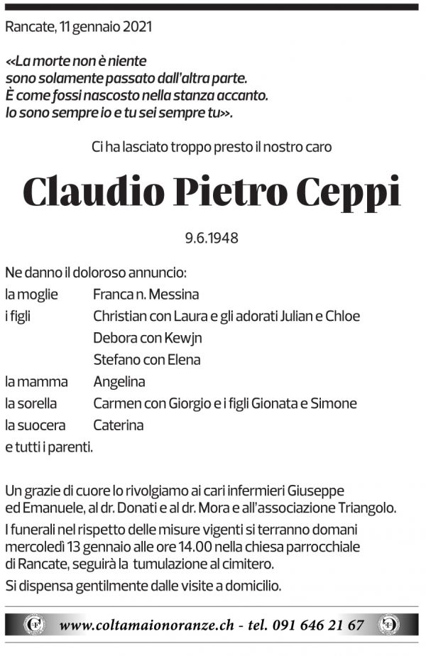 Annuncio funebre Claudio Pietro Ceppi