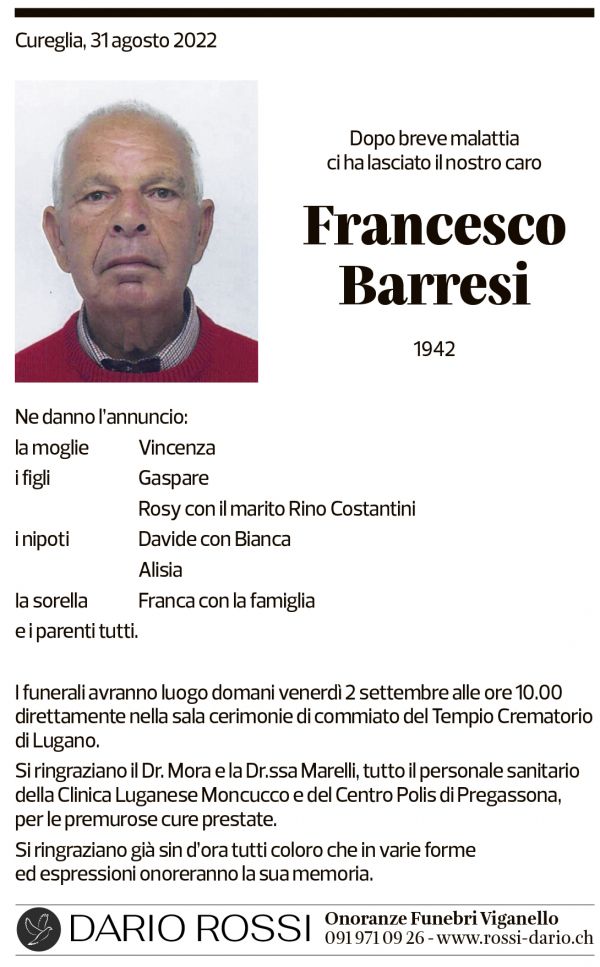 Annuncio funebre Francesco Barresi