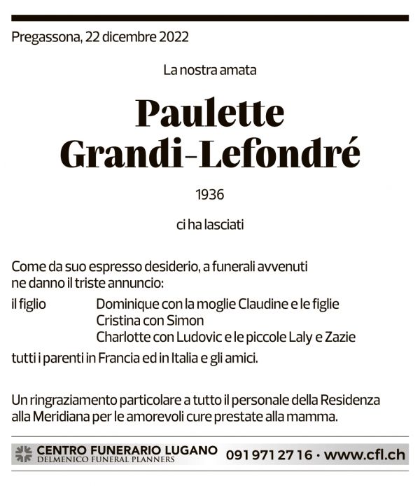 Annuncio funebre Paulette Grandi-lefondré