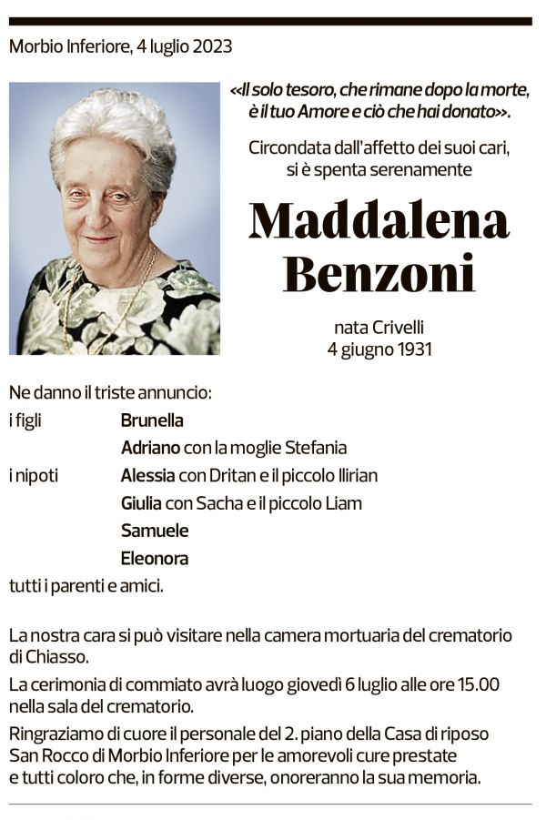 Annuncio funebre Maddalena Benzoni