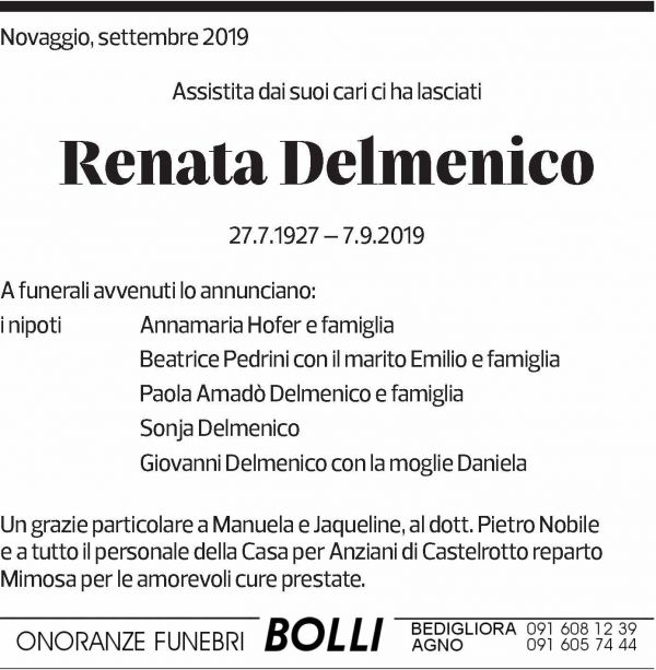 Annuncio funebre Renata Delmenico