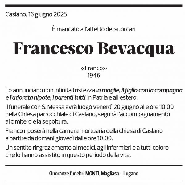 Annuncio funebre Francesco Bevacqua