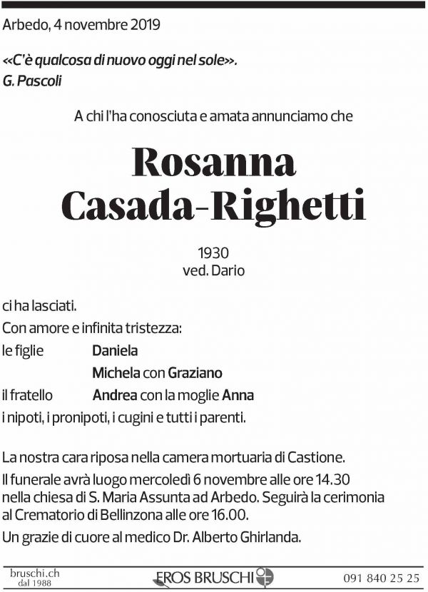Annuncio funebre Rosanna Casada-righetti