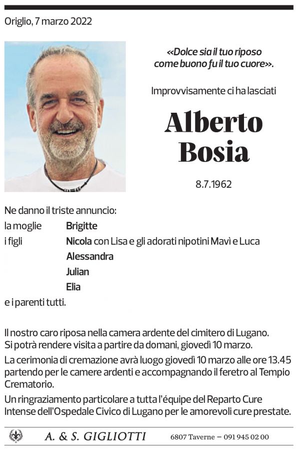 Annuncio funebre Alberto Bosia