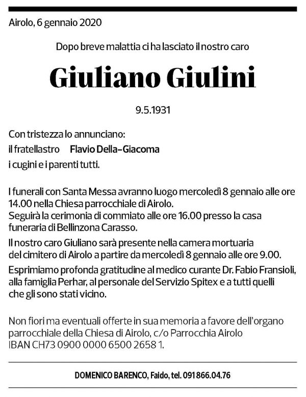 Annuncio funebre Giuliano Giulini