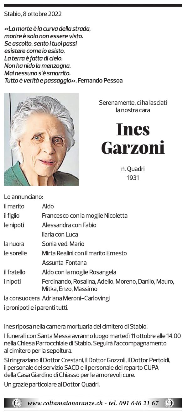 Annuncio funebre Ines Garzoni