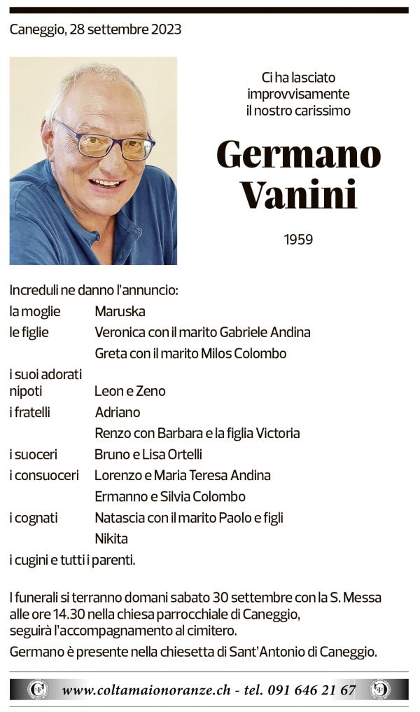 Annuncio funebre Germano Vanini