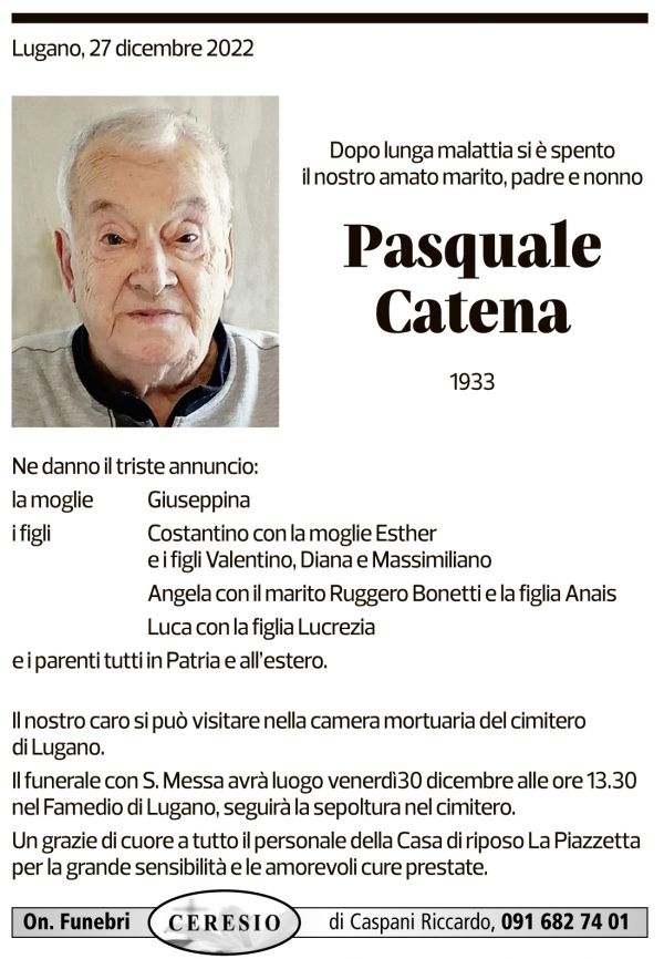 Annuncio funebre Pasquale Catena