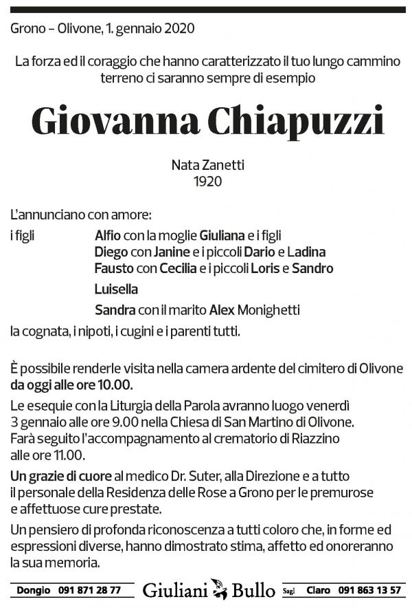Annuncio funebre Giovanna Chiapuzzi