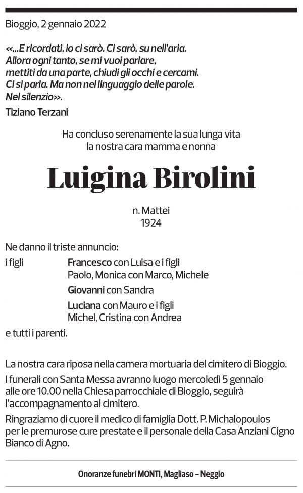 Annuncio funebre Luigina Birolini