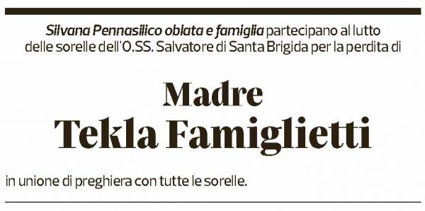 Annuncio funebre Madre M Tekla Famiglietti