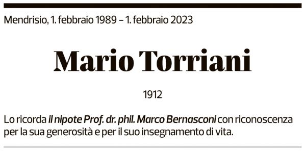 Annuncio funebre Mario Torriani