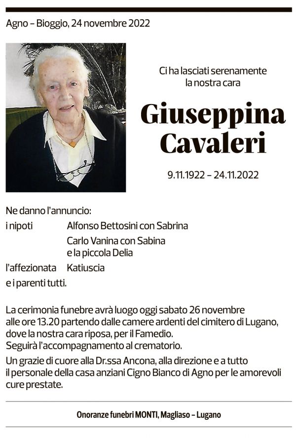 Annuncio funebre Giuseppina Cavaleri