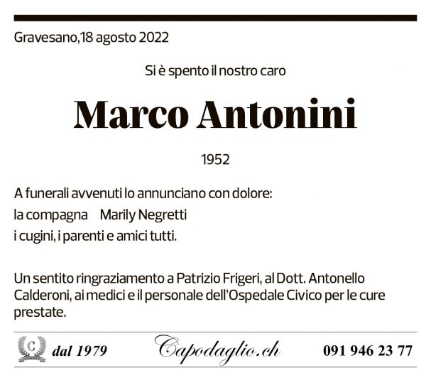 Annuncio funebre Marco Antonini