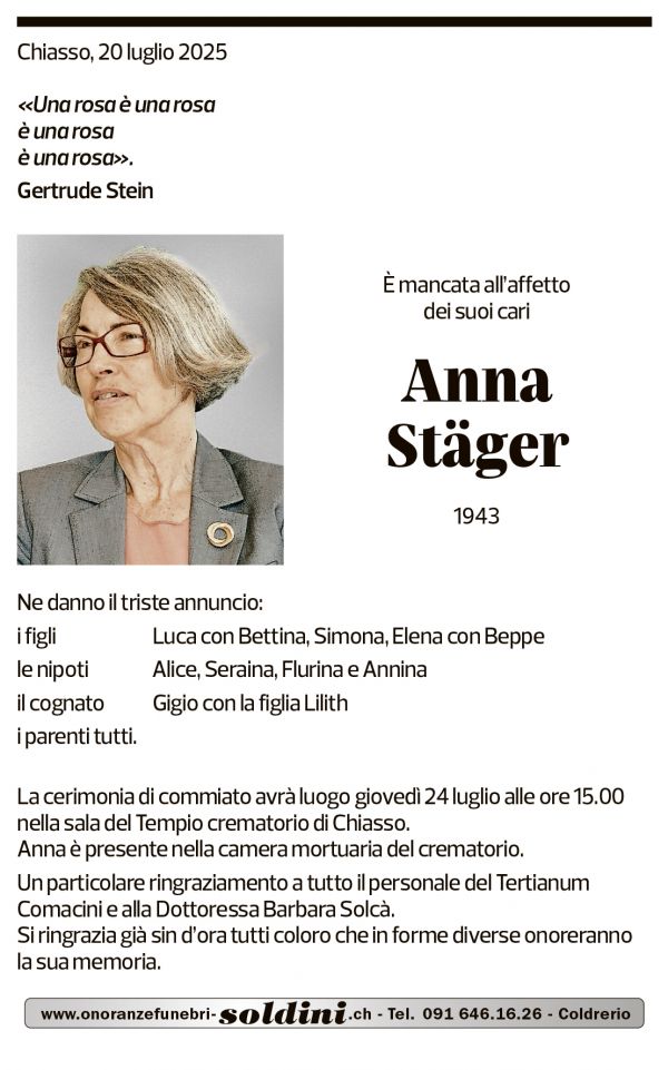 Annuncio funebre Anna Stäger