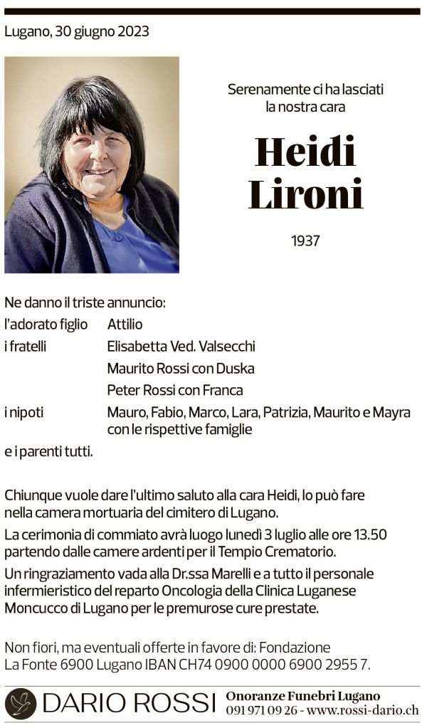 Annuncio funebre Heidi Lironi