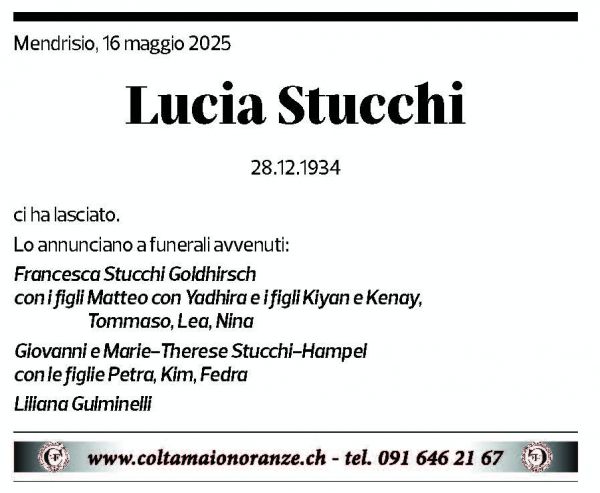 Annuncio funebre Lucia Stucchi