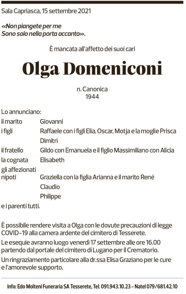 Annuncio funebre Olga Domeniconi