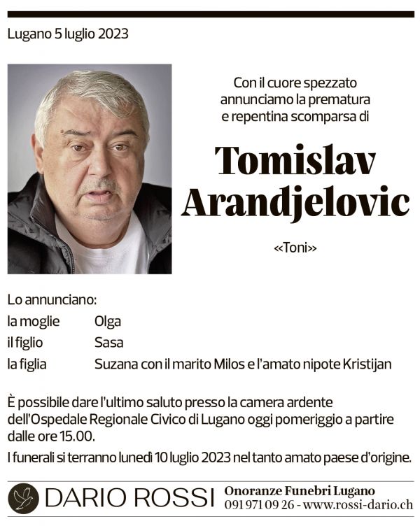 Annuncio funebre Tomislav Arandjelovic