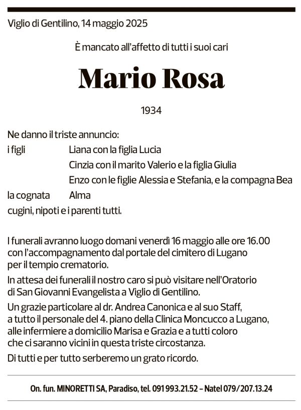 Annuncio funebre Mario Rosa