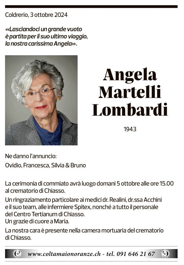 Annuncio funebre Angela Martelli Lombardi