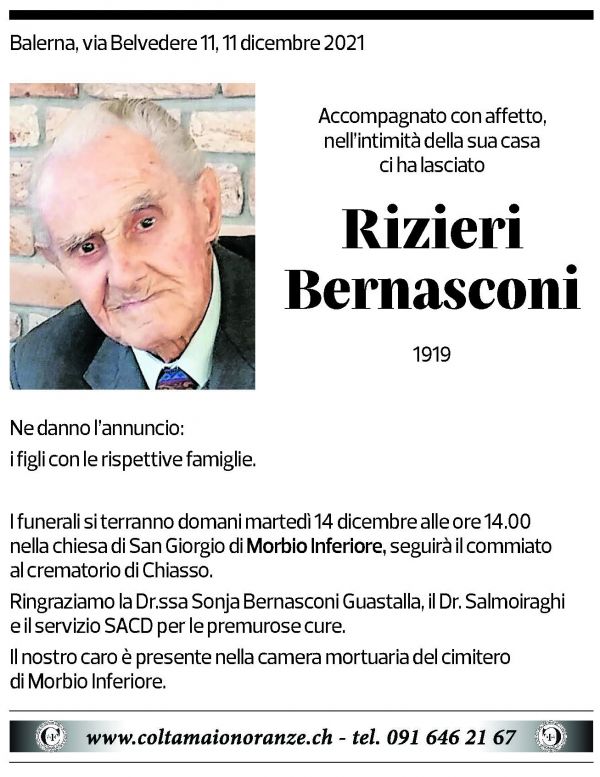 Annuncio funebre Rizieri Bernasconi