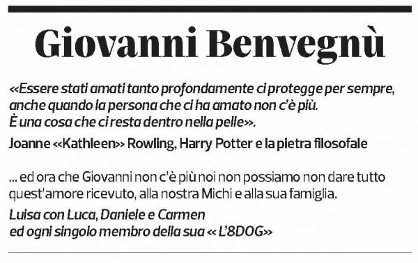 Annuncio funebre Giovanni Benvegnù