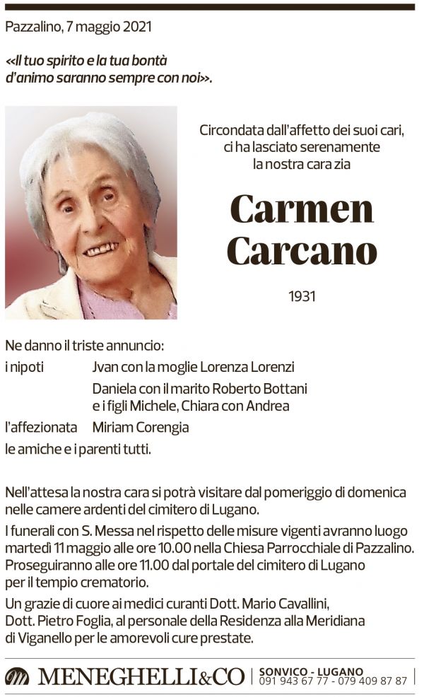 Annuncio funebre Carmen Carcano