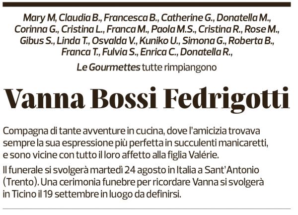 Annuncio funebre Vanna Bossi Fedrigotti