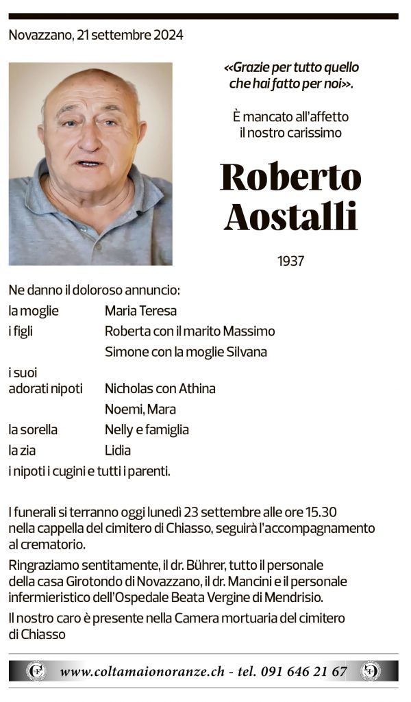 Annuncio funebre Roberto Aostalli