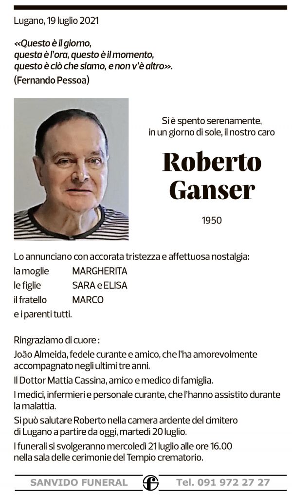 Annuncio funebre Roberto Ganser