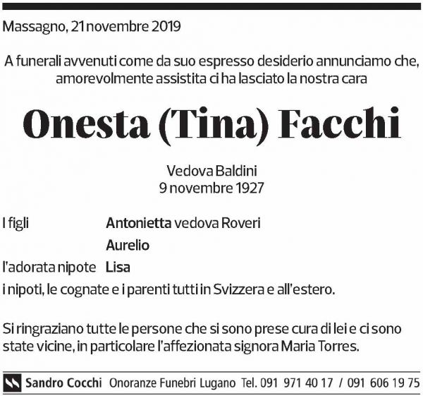Annuncio funebre Onesta Facchi