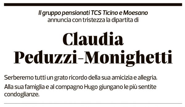 Annuncio funebre Claudia Peduzzi-monighetti