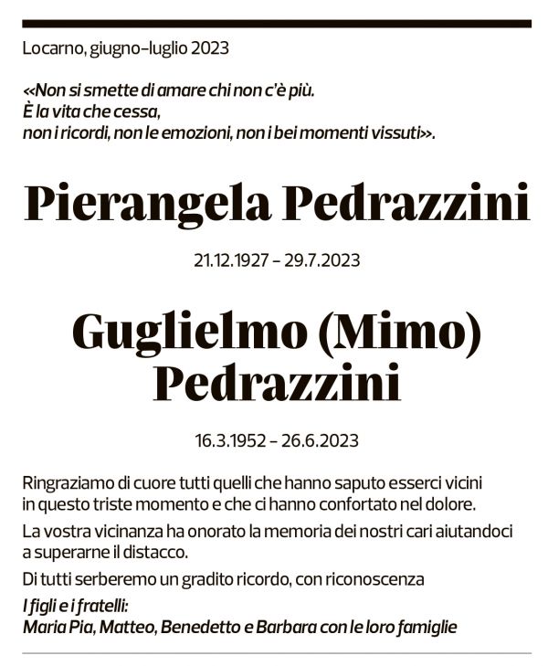 Annuncio funebre Pierangela Pedrazzini Guglielmo (mimo) Pedrazzini