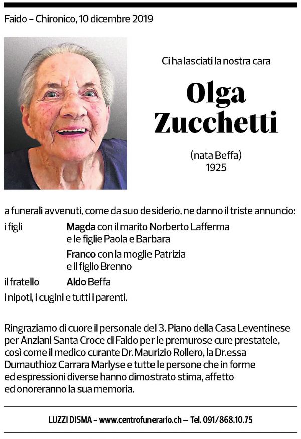 Annuncio funebre Olga Zucchetti