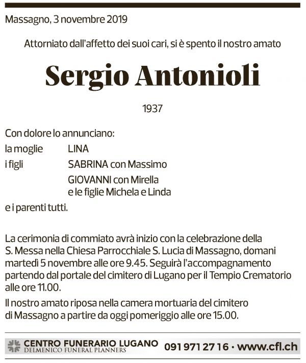 Annuncio funebre Sergio Antonioli