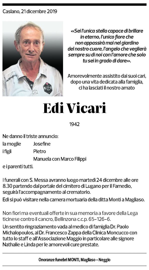 Annuncio funebre Edi Vicari