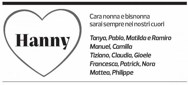 Annuncio funebre Giovanna Hanny Beyeler