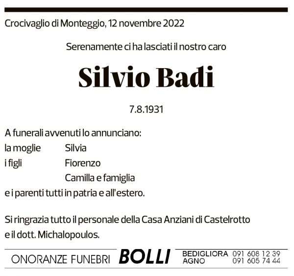 Annuncio funebre Silvio Badi