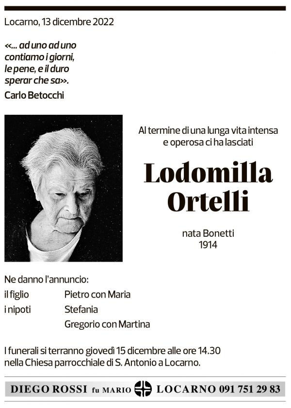 Annuncio funebre Lodomilla Ortelli