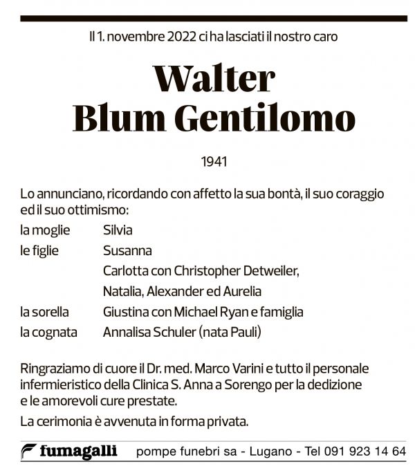 Annuncio funebre Walter Blum Gentilomo