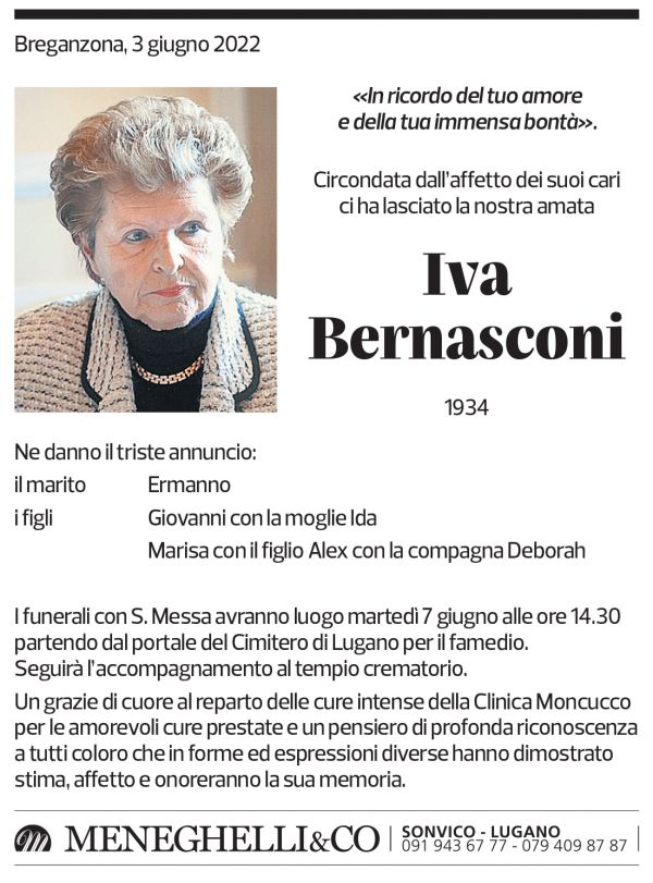 Annuncio funebre Iva Bernasconi