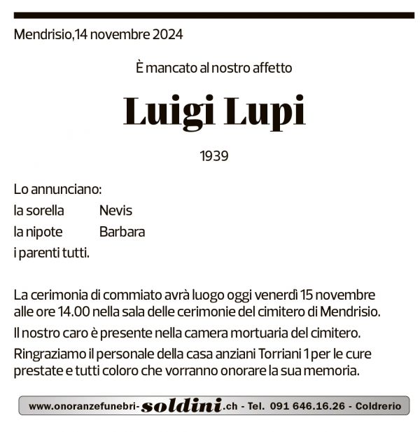 Annuncio funebre Luigi Lupi