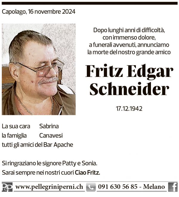 Annuncio funebre Fritz Edgar Schneider