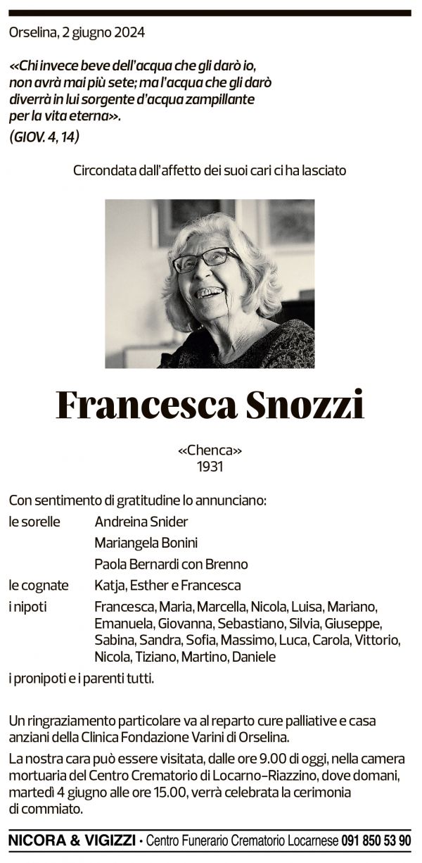 Annuncio funebre Francesca Snozzi