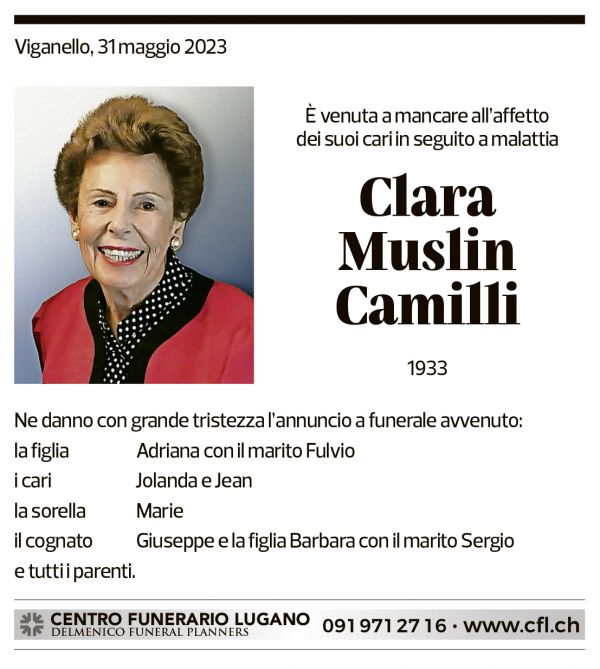 Annuncio funebre Clara Muslin Camilli