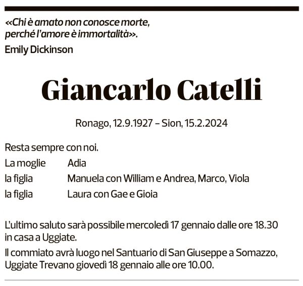 Annuncio funebre Giancarlo Catelli