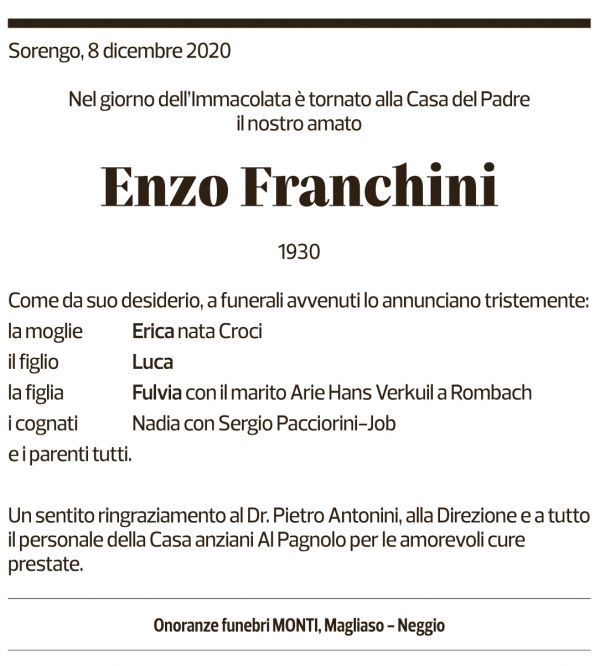 Annuncio funebre Enzo Franchini